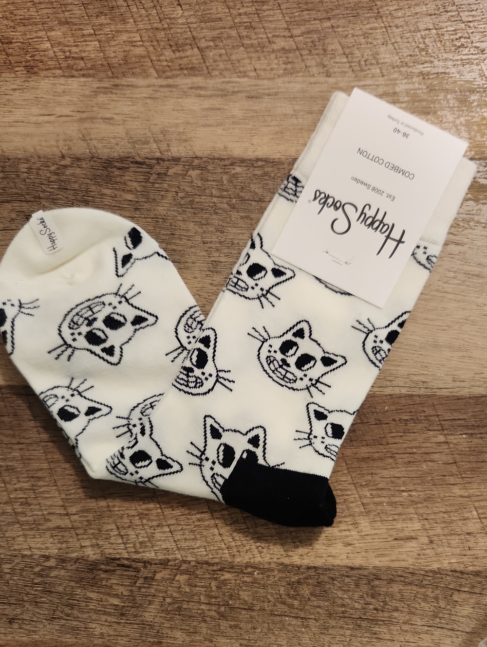 Happy Socks Cream Cat Pattern Crew Socks